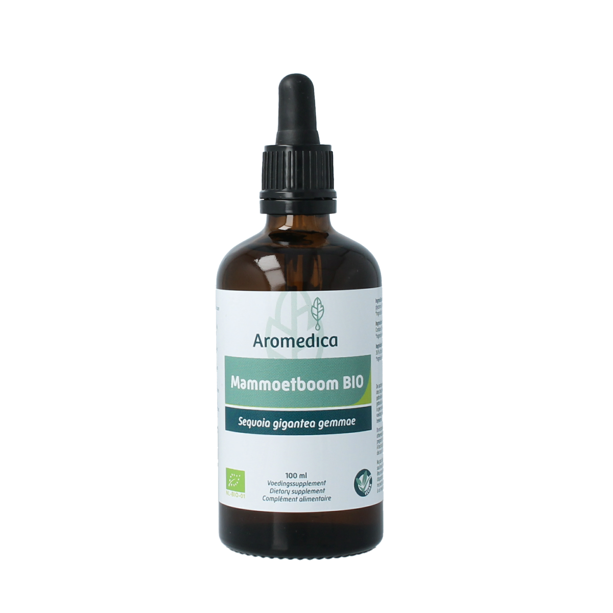 Aromedica Mammoetboom Sequoia gigantea bio tinctuur bottle, herbal preparation in a 100ml glass container with label.