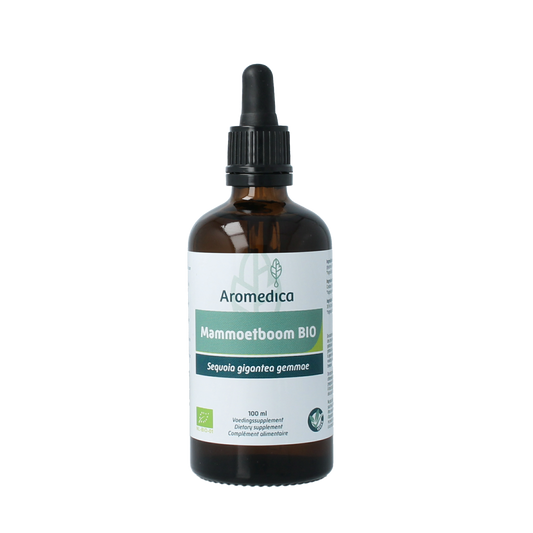 Aromedica Mammoetboom Sequoia gigantea bio tinctuur bottle, herbal preparation in a 100ml glass container with label.