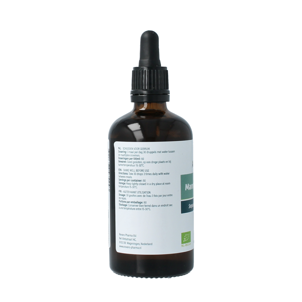 Aromedica Mammoetboom gemmo tinctuur bottle with Sequoia gigantea bio herbal preparation, 100ml, in a natural setting.