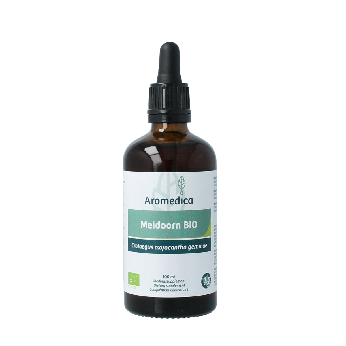 Aromedica Meidoorn gemmo tinctuur in a 100ml bottle, herbal supplement with Crataegus oxyacantha for cardiovascular health.