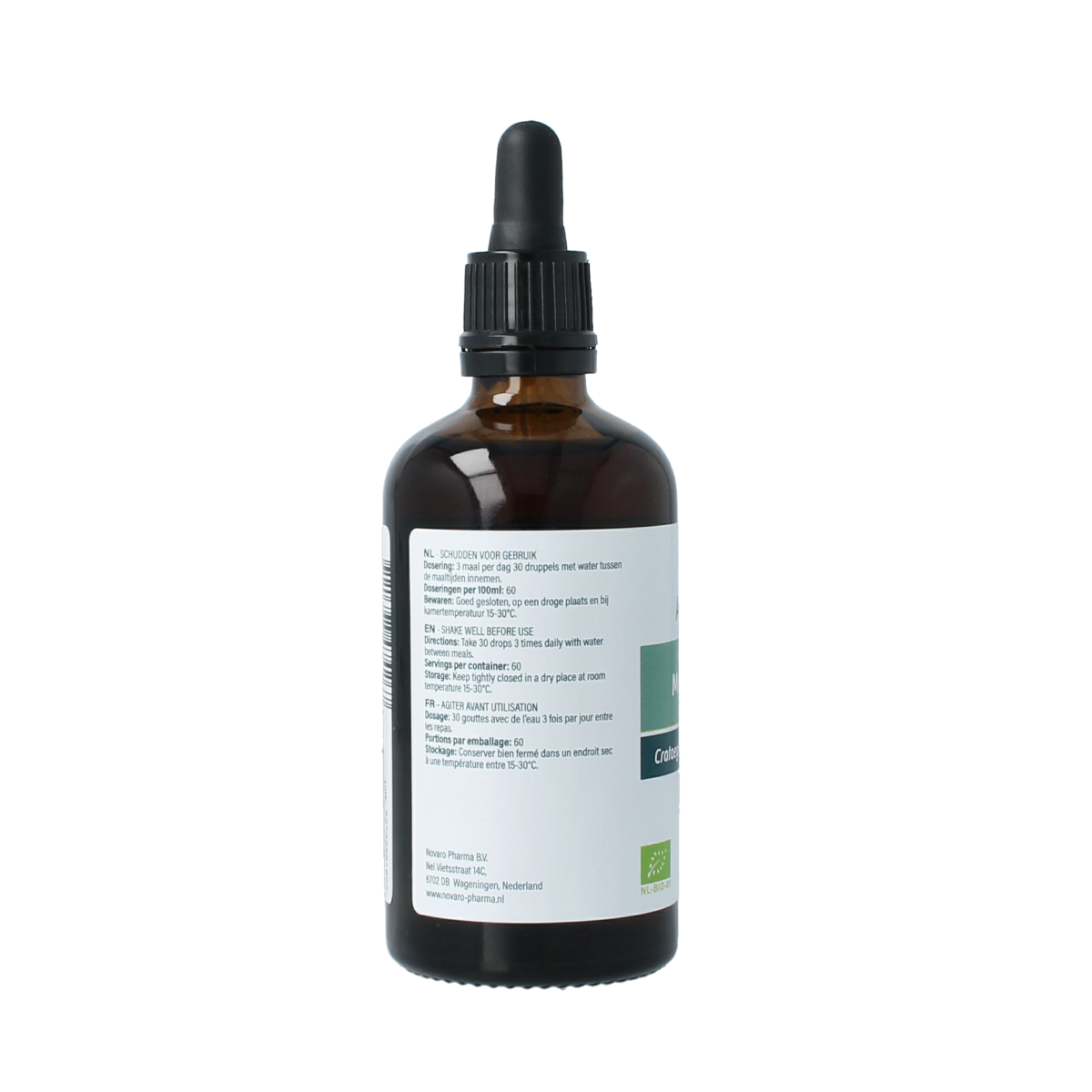 Aromedica Meidoorn gemmo tinctuur bottle with herbal labeling, containing 100ml of organic Crataegus oxyacantha herbal preparation.