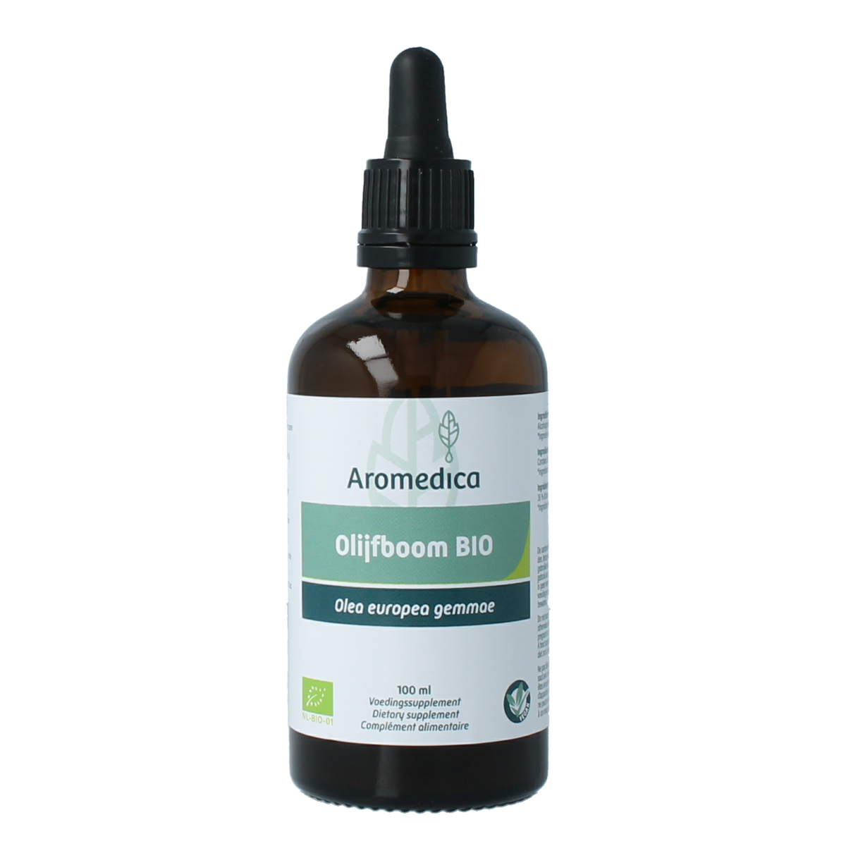 Aromedica Olijfboom gemmo tinctuur in a 100ml bottle, featuring olive tree extract from organic Olea europea for herbal remedy use.