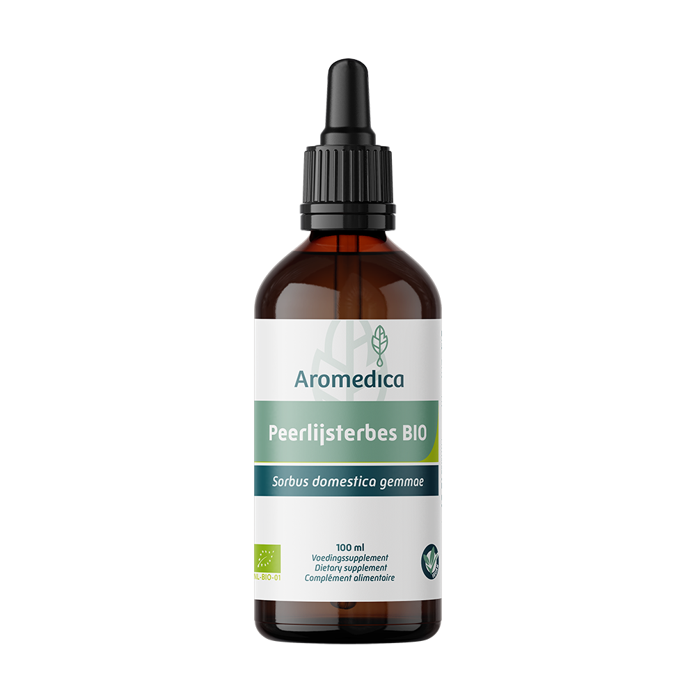 Aromedica Peerlijsterbes gemmo tincture bottle with label, 100ml herbal remedy in a glass container