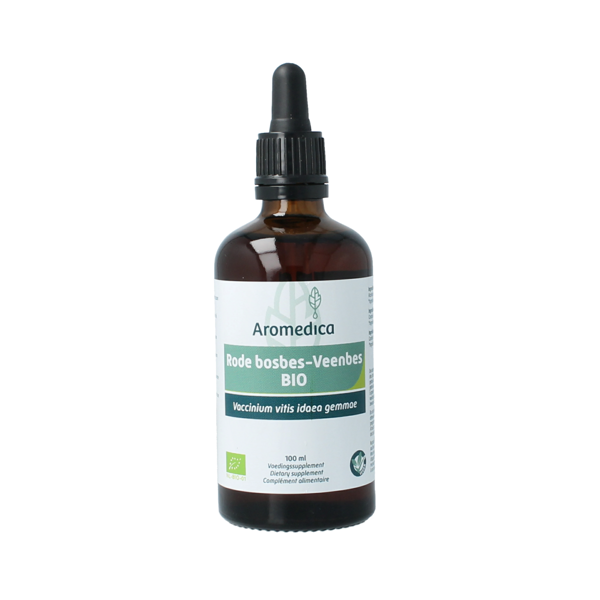 Aromedica Rode bosbes gemmo tincture in a 100ml bottle, herbal remedy with Vaccinium vitis idaea bio label, natural herbal preparation