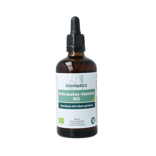 Aromedica Rode bosbes gemmo tincture in a 100ml bottle, herbal remedy with Vaccinium vitis idaea bio label, natural herbal preparation