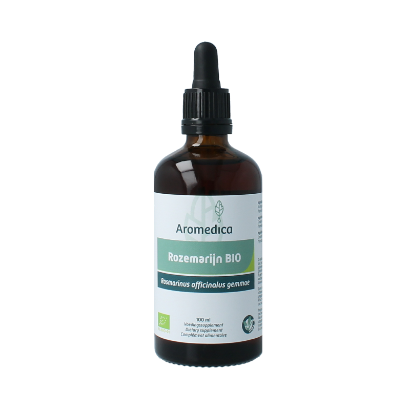 Aromedica Rozemarijn gemmo tinc bottle with rosemary herb illustration, 100ml, organic herbal remedy for health and wellness.