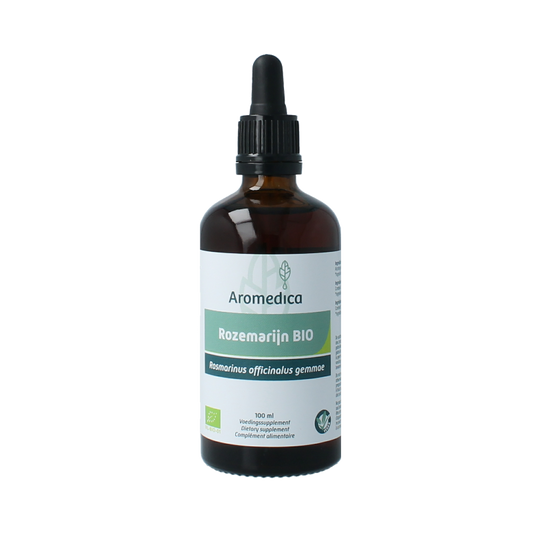 Aromedica Rozemarijn gemmo tinc bottle with rosemary herb illustration, 100ml, organic herbal remedy for health and wellness.