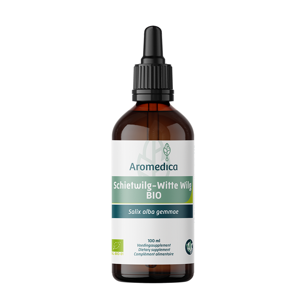 Aromedica Schietwilg/Witte Wilg gemmo tinc bottle, herbal remedy in 100ml glass container with label, for natural herbal preparations.