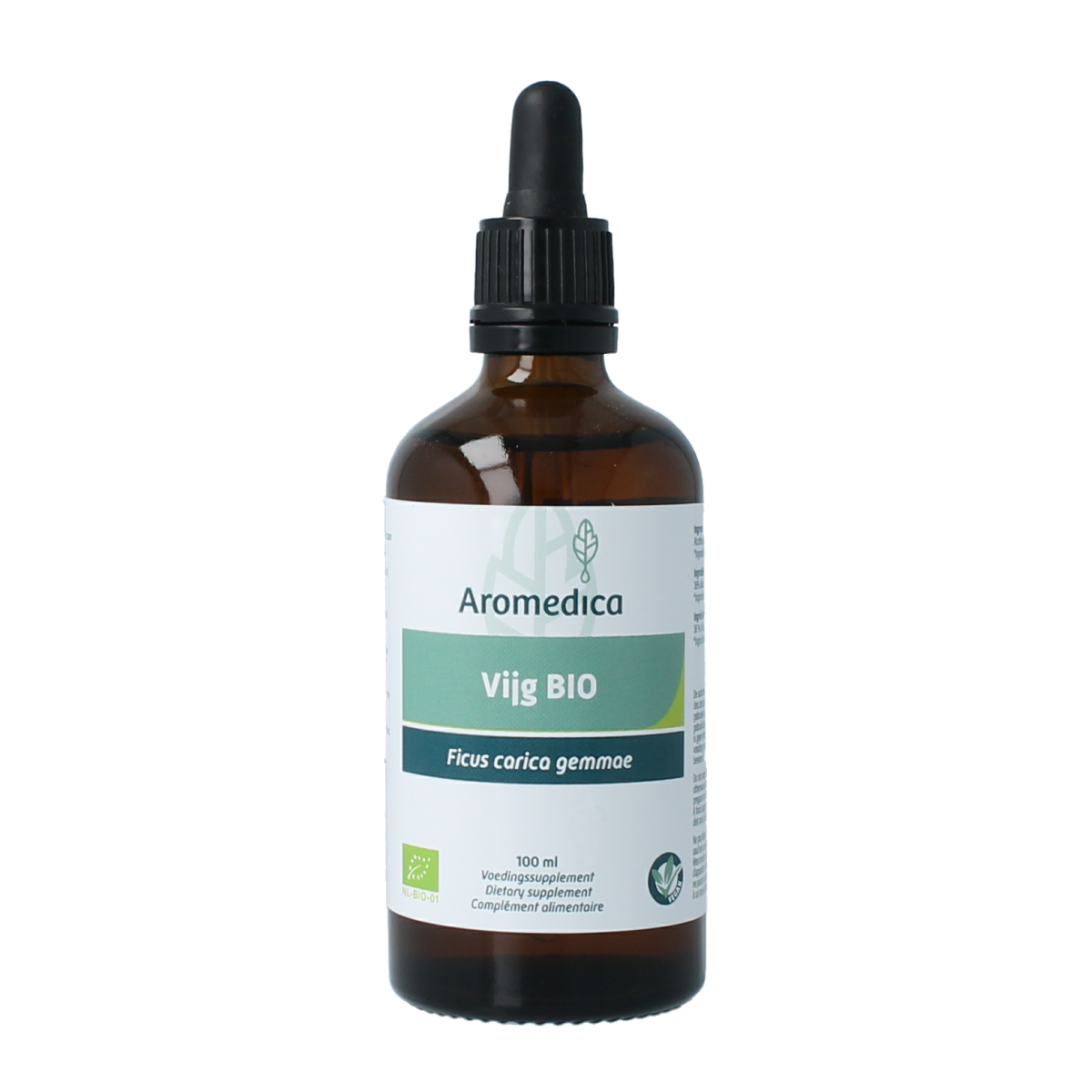 Aromedica Vijg gemmo tinctuur Ficus carica herbal preparation in a 100ml bottle, with botanical illustrations and product label.