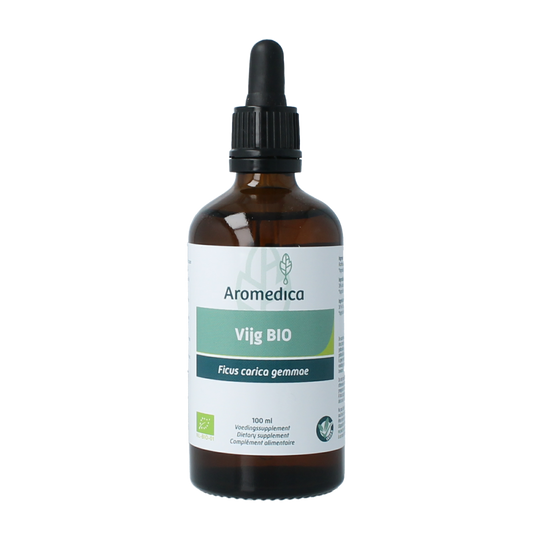 Aromedica Vijg gemmo tinctuur Ficus carica herbal preparation in a 100ml bottle, with botanical illustrations and product label.