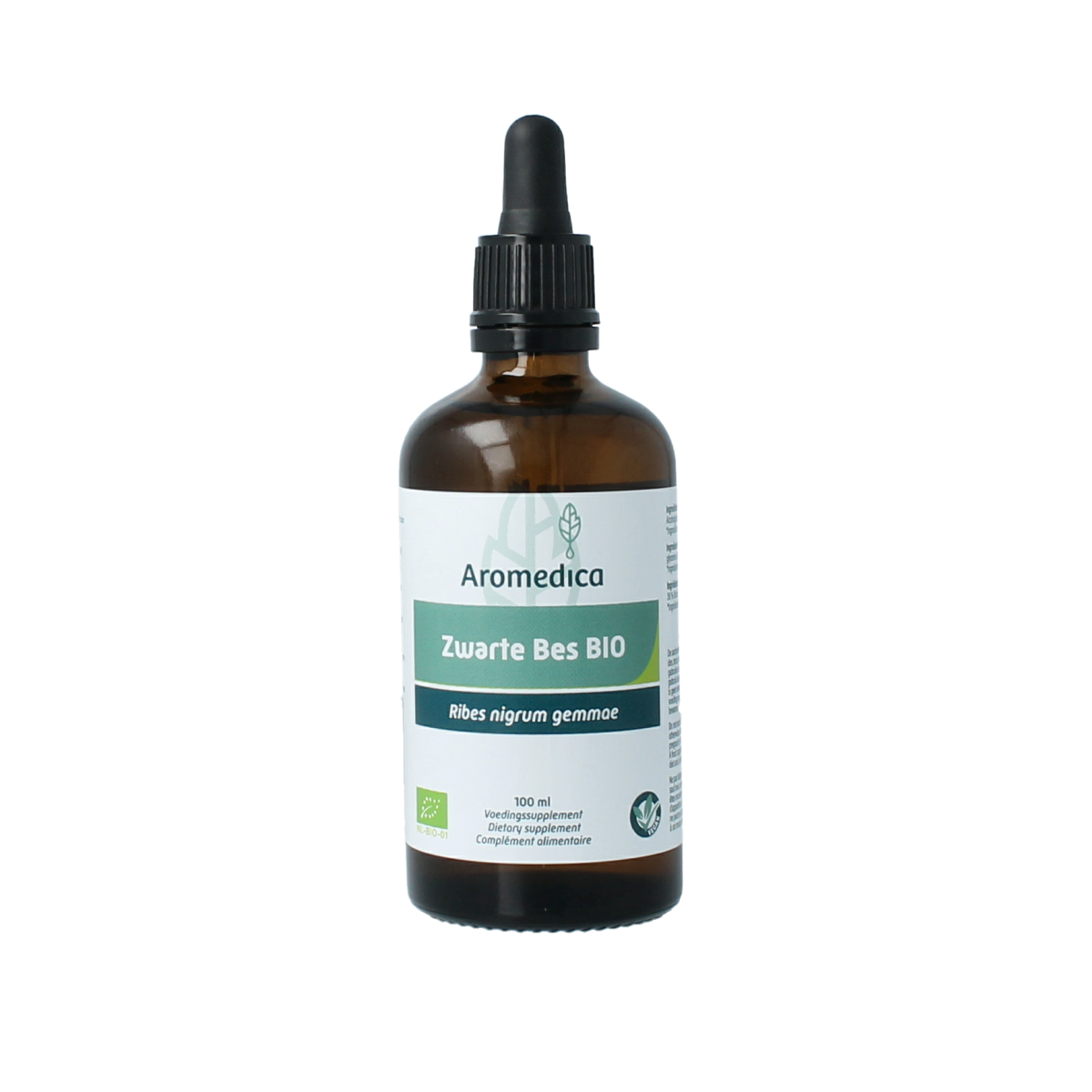 Aromedica Zwarte Bes gemmo tinctuur bottle, bio Ribes Nigrum herbal supplement, 100ml, with label and dropper cap.