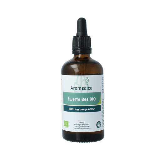 Aromedica Zwarte Bes gemmo tinctuur bottle, bio Ribes Nigrum herbal supplement, 100ml, with label and dropper cap.