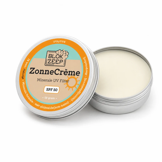 Blokzeep ZonneCreme SPF50 sunscreen tube, 55g, with bright packaging and sun protection label, designed for outdoor sun protection