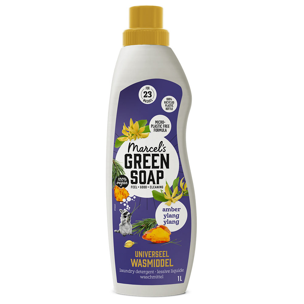 Marcel's Green Soap Wasmiddel Amber & Ylang Ylang in 1000ml bottle, eco-friendly laundry detergent with floral scent