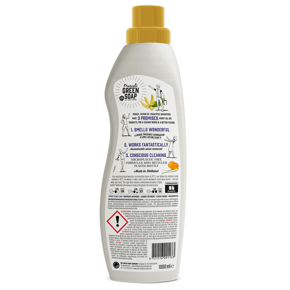 Marcel's Green Soap amber and ylang ylang liquid laundry detergent, 1000ml bottle, eco-friendly Wasmiddelen product.