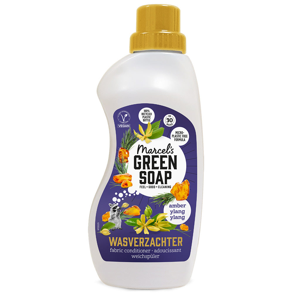 Marcel's Green Soap fabric softener Amber & Ylang Ylang, 750ml bottle, with floral scent and softening properties for laundry.