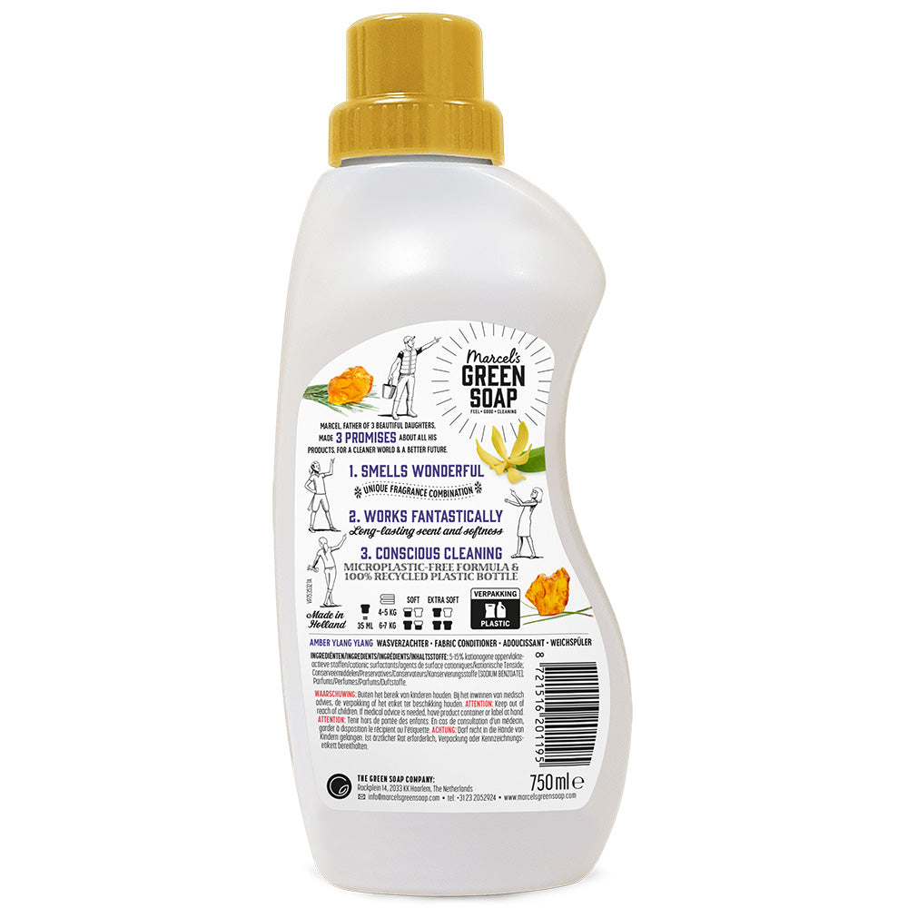 Marcel's Green Soap Amber & Ylang Ylang fabric softener in a 750ml bottle, with green and amber packaging and floral label.