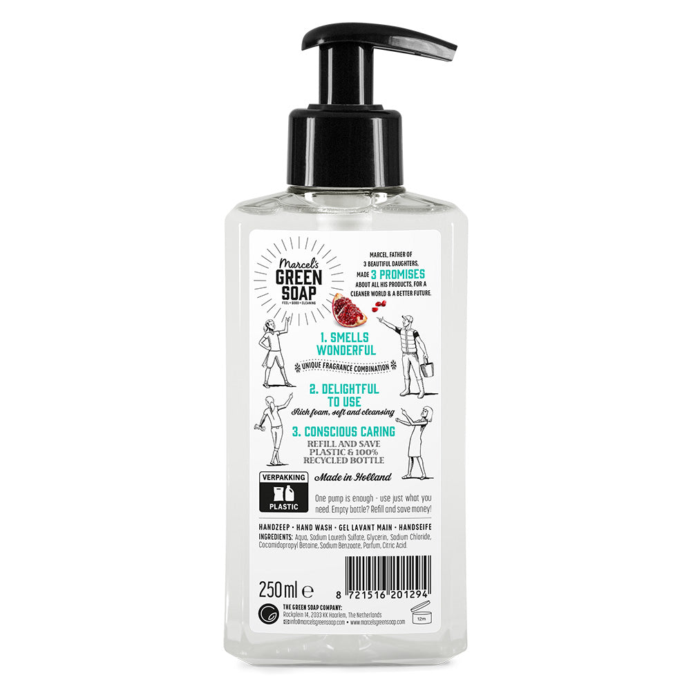 Marcel's Green Soap Cedar & Pomegranate hand soap bottle, 250 ml, with green and white packaging and soap pump dispenser.