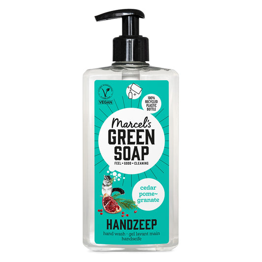 Marcel's Green Soap cedar and pomegranate hand soap in a 500 ml pump bottle, featuring a green and white label with natural ingredients.