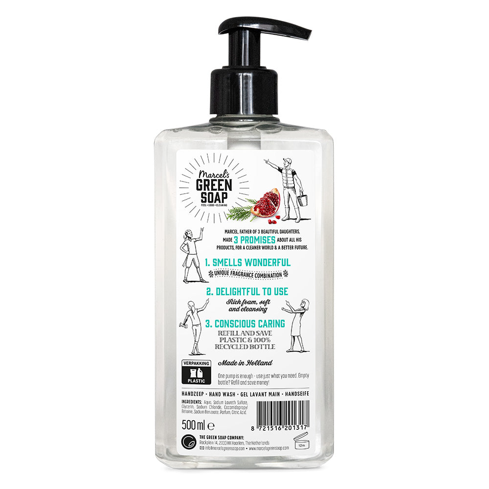 Marcel's Green Soap Cedar & Pomegranate hand soap in 500ml bottle with green and white label, natural ingredients, and brand logo.