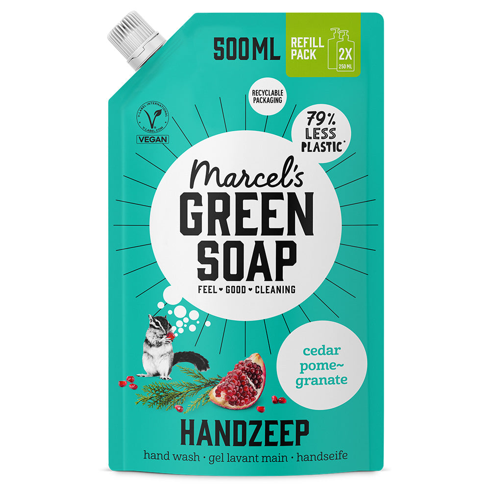 Marcel's Green Soap cedar and pomegranate hand soap refill bottle, 500ml, natural ingredient-based cleansing product