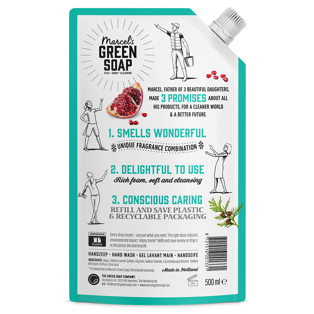 Marcel's Green Soap cedar and pomegranate hand soap refill, 500ml, in a clear bottle with green label and pump dispenser.