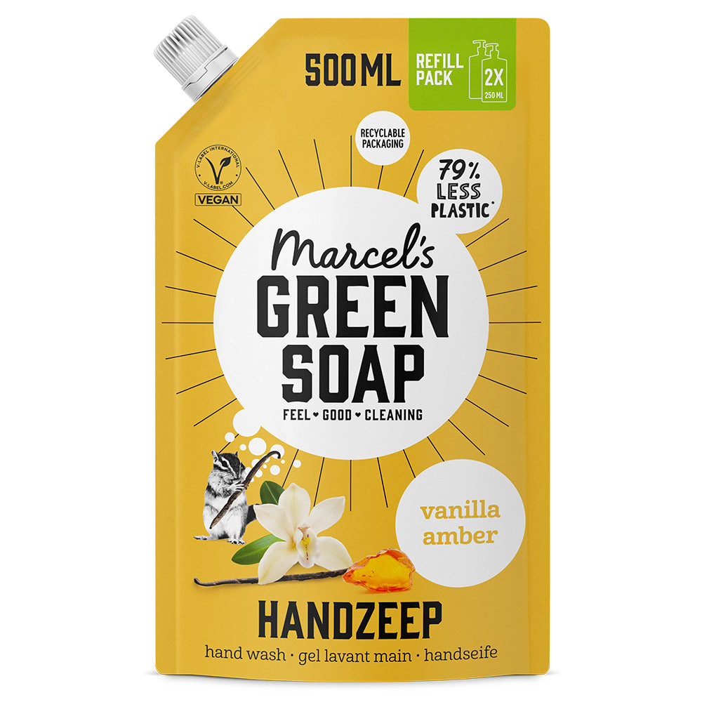 Marcel's Green Soap Vanille & Amber hand soap refill bottle, 500ml, with a green and beige label and elegant design.