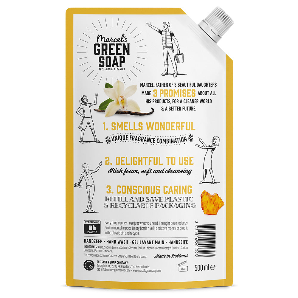 Marcel's Green Soap vanilla and amber hand soap refill bottle, 500ml, with green and beige packaging and product label visible.
