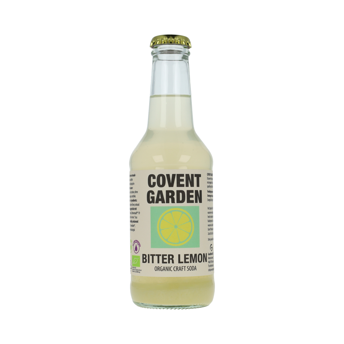 Covent Garden Bitter Lemon bio 250ml bottle, natural lemon-flavored beverage in a clear glass bottle.