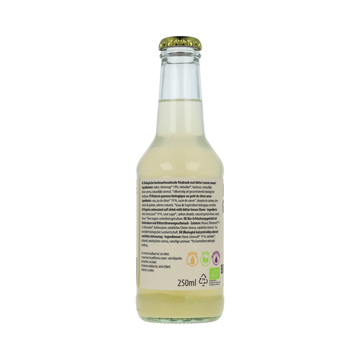Bottle of Covent Garden Bitter Lemon Bio drink, 250ml, with bright yellow label and citrus fruit illustration.