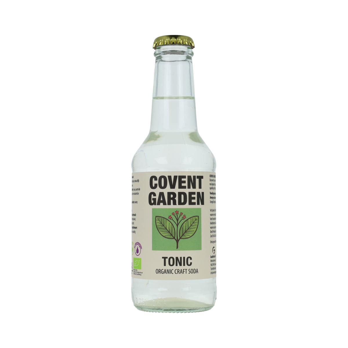 Covent Garden bio tonic water in a 250ml glass bottle, with a clear label and cap, on a white background.