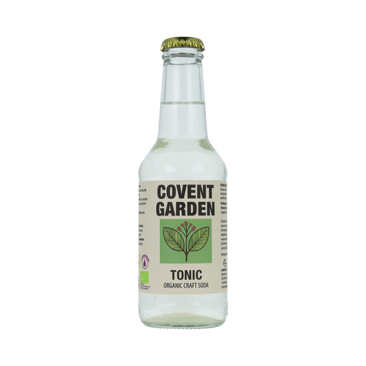 Covent Garden bio tonic water in a 250ml glass bottle, with a clear label and cap, on a white background.