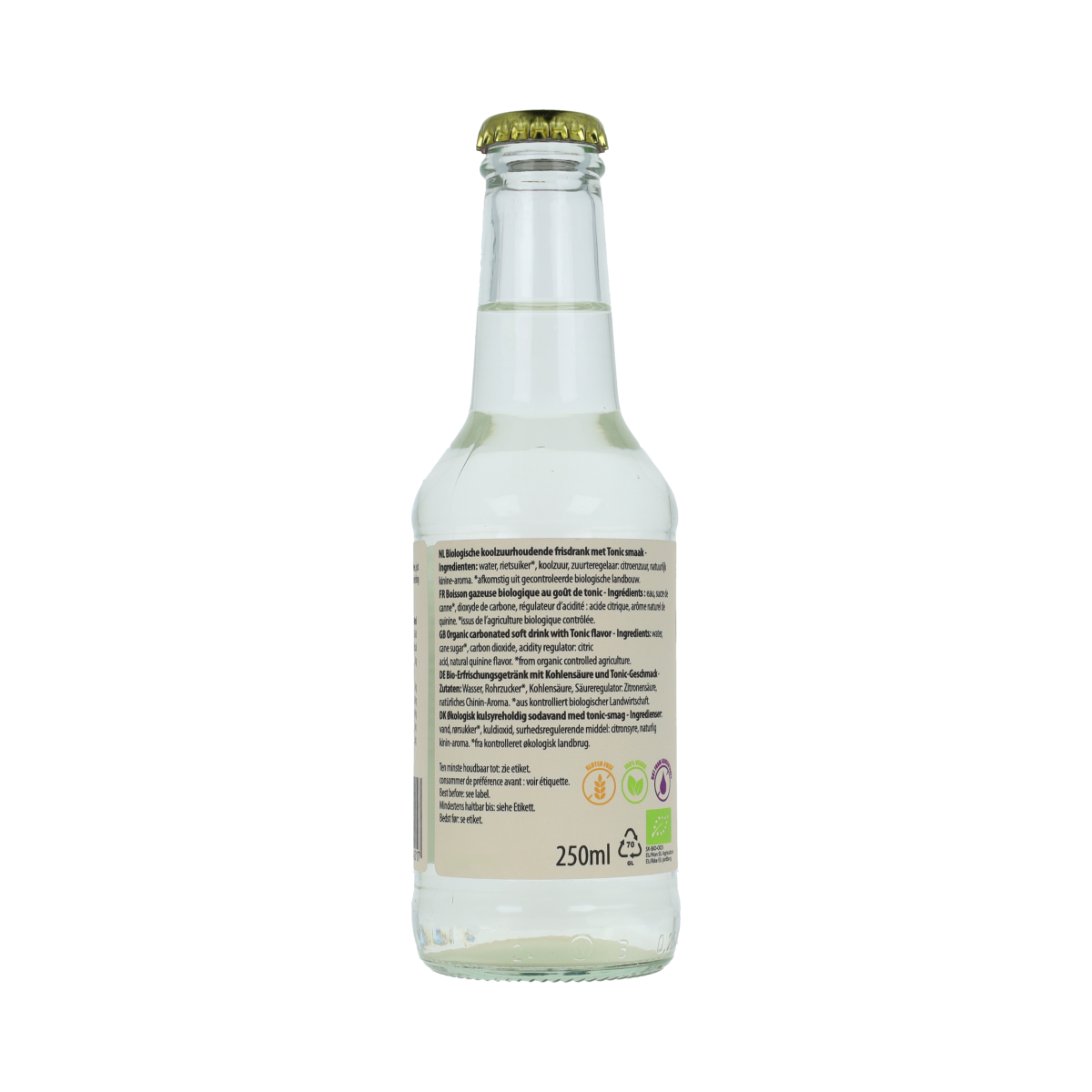 Glass of Covent Garden bio tonic water with fresh botanicals and ice, showcasing the natural ingredients in a clear glass.