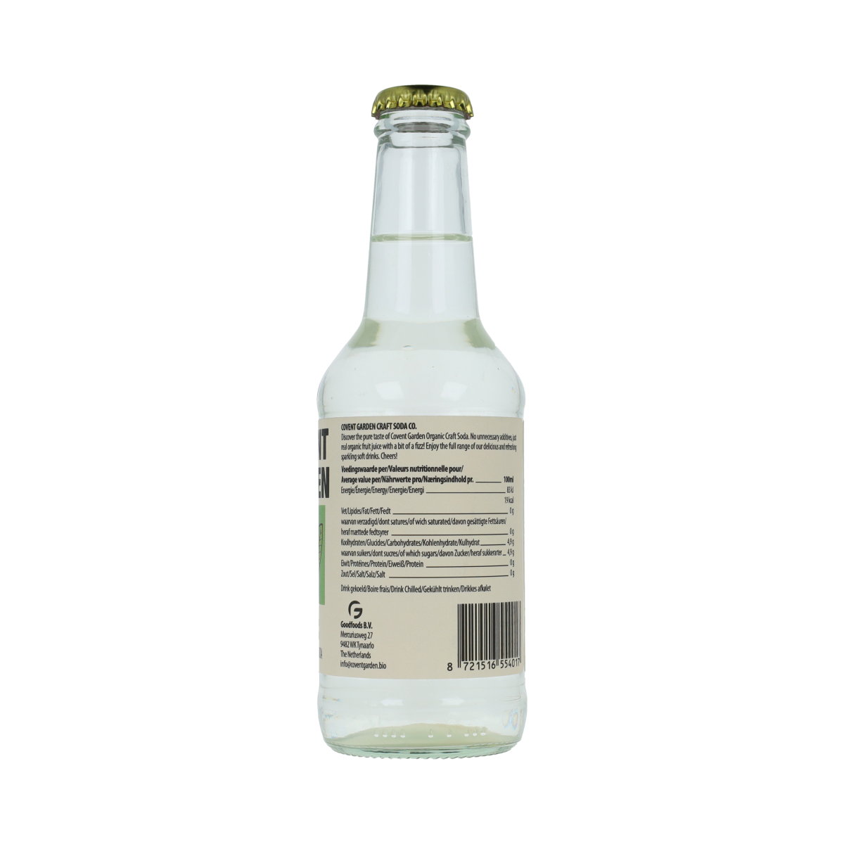 Bottle of Covent Garden bio tonic water, 250ml, with clear label and cap, ready for serving in a refreshing beverage.