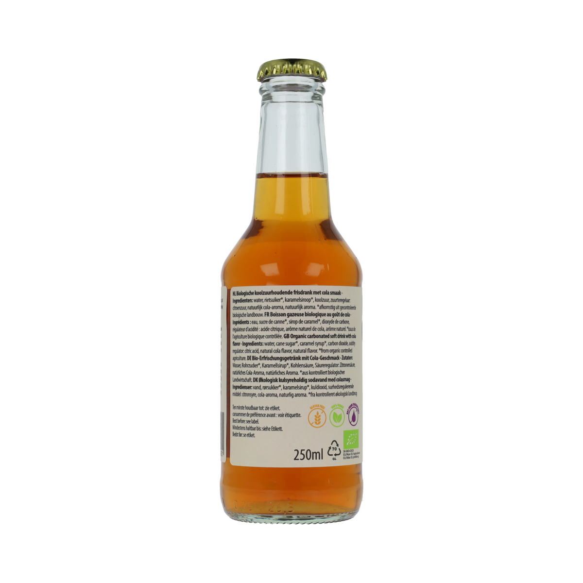 Bottle of Covent Garden Cola bio 250ml, organic drink with dark cola liquid and clear label, on a neutral background.