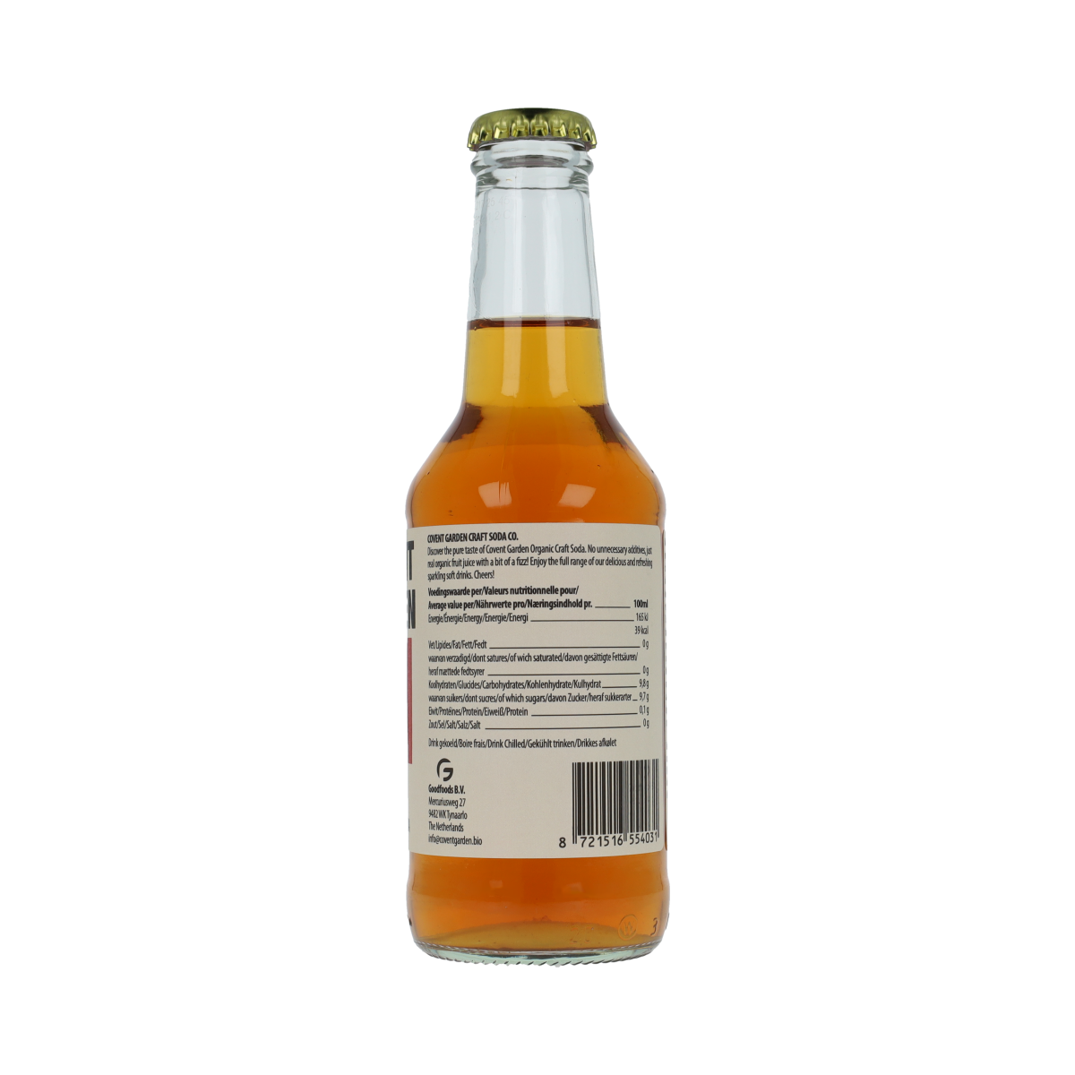 Glass of Covent Garden Cola bio in a 250ml bottle, showing the dark soda with bubbles and branding label.