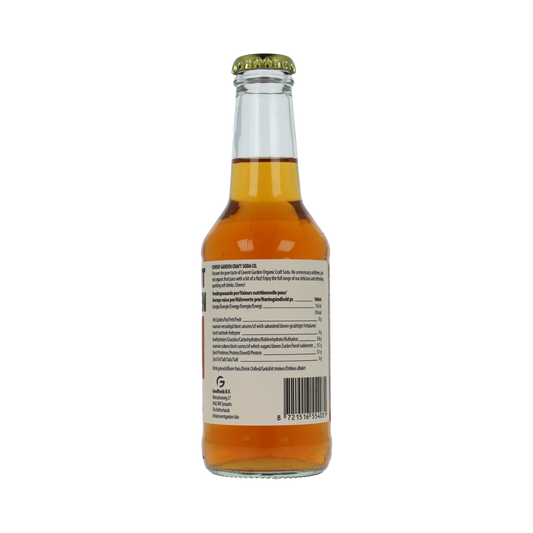Glass of Covent Garden Cola bio in a 250ml bottle, showing the dark soda with bubbles and branding label.