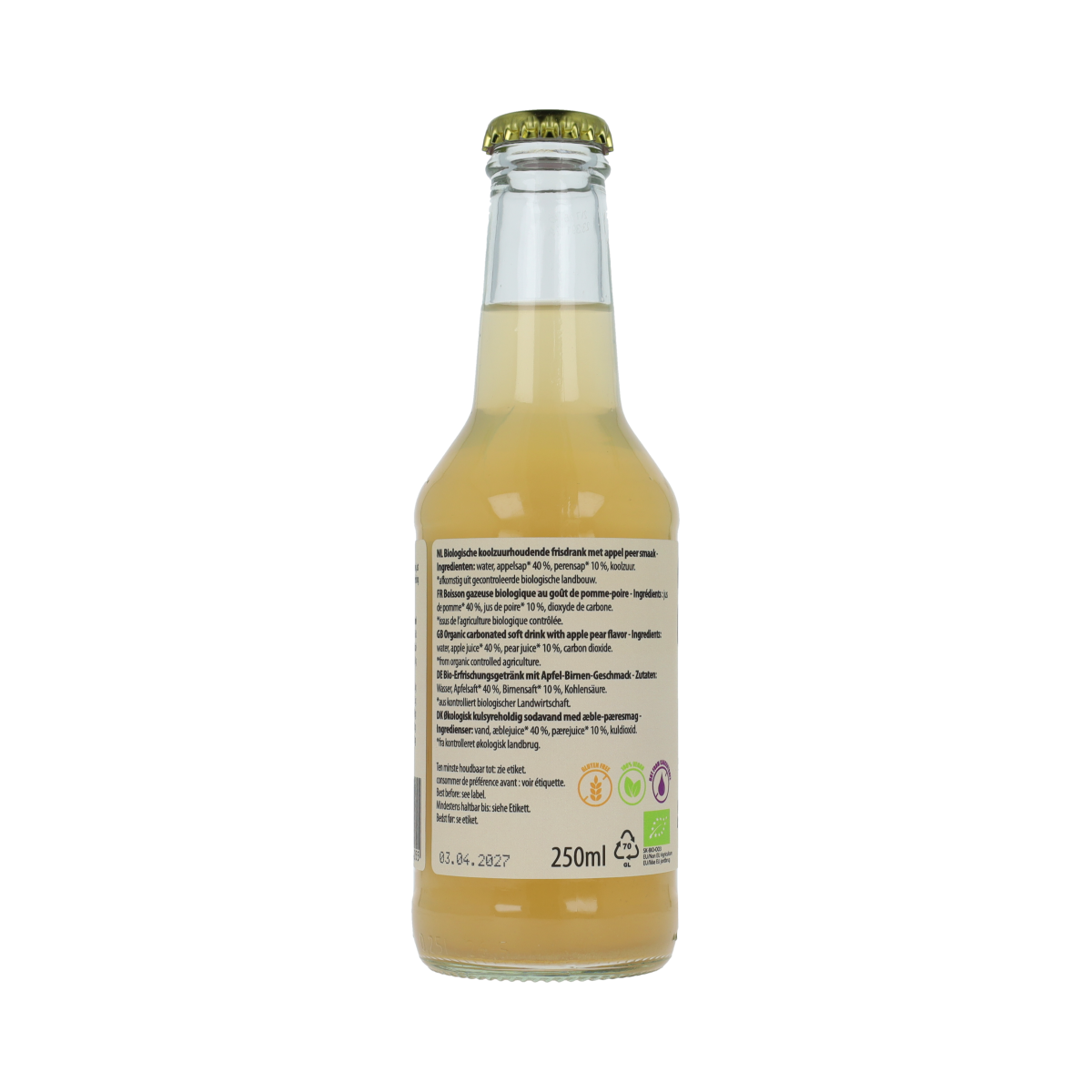 Bottle of Covent Garden organic apple and pear juice, 250ml, with fresh fruit images on the label.