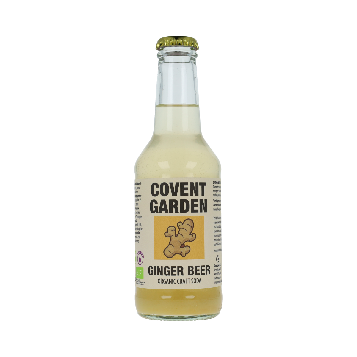Bottle of Covent Garden Ginger Beer Bio in 250ml glass, with a label featuring ginger and natural ingredients.
