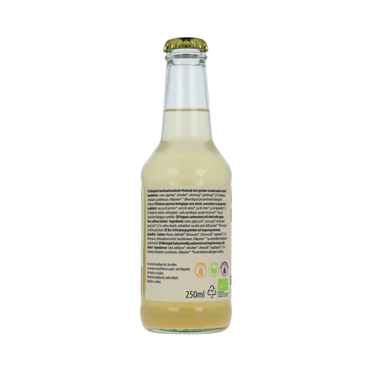 Covent Garden Ginger Beer bio 250ml bottle, refreshing organic ginger drink in clear glass bottle.