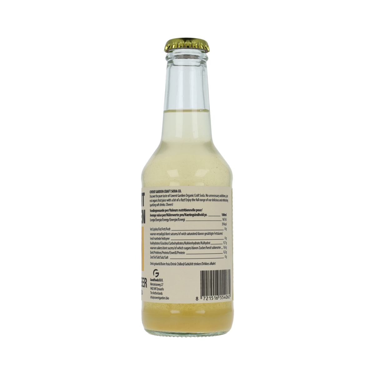 Bottle of Covent Garden Ginger Beer Bio 250ml in clear glass with label, showcasing the natural ginger beverage.