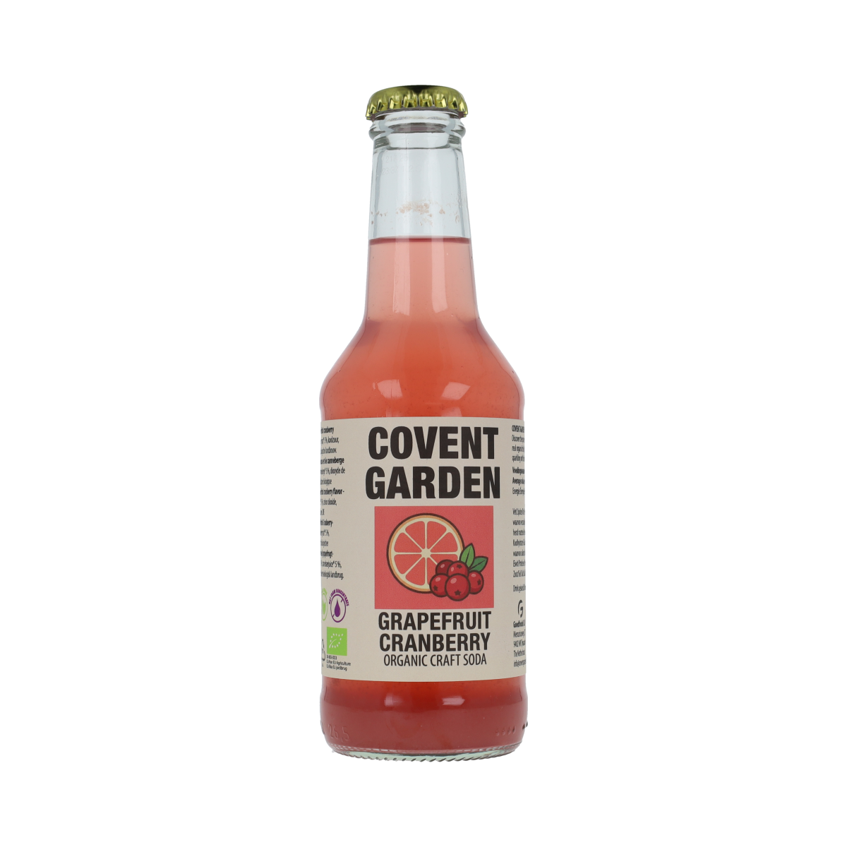 Bottle of Covent Garden grapefruit cranberry organic drink, 250ml, with vibrant label and clear liquid inside.