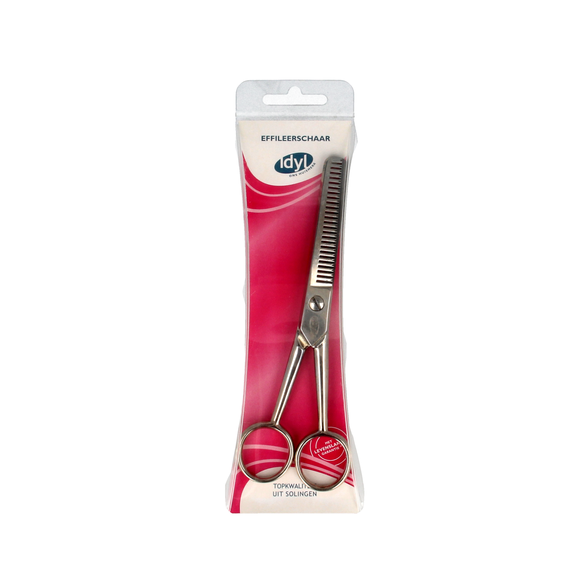 Idyl Effileerschaar steel scissors for precision cutting, featuring a sleek metal design and ergonomic handles.
