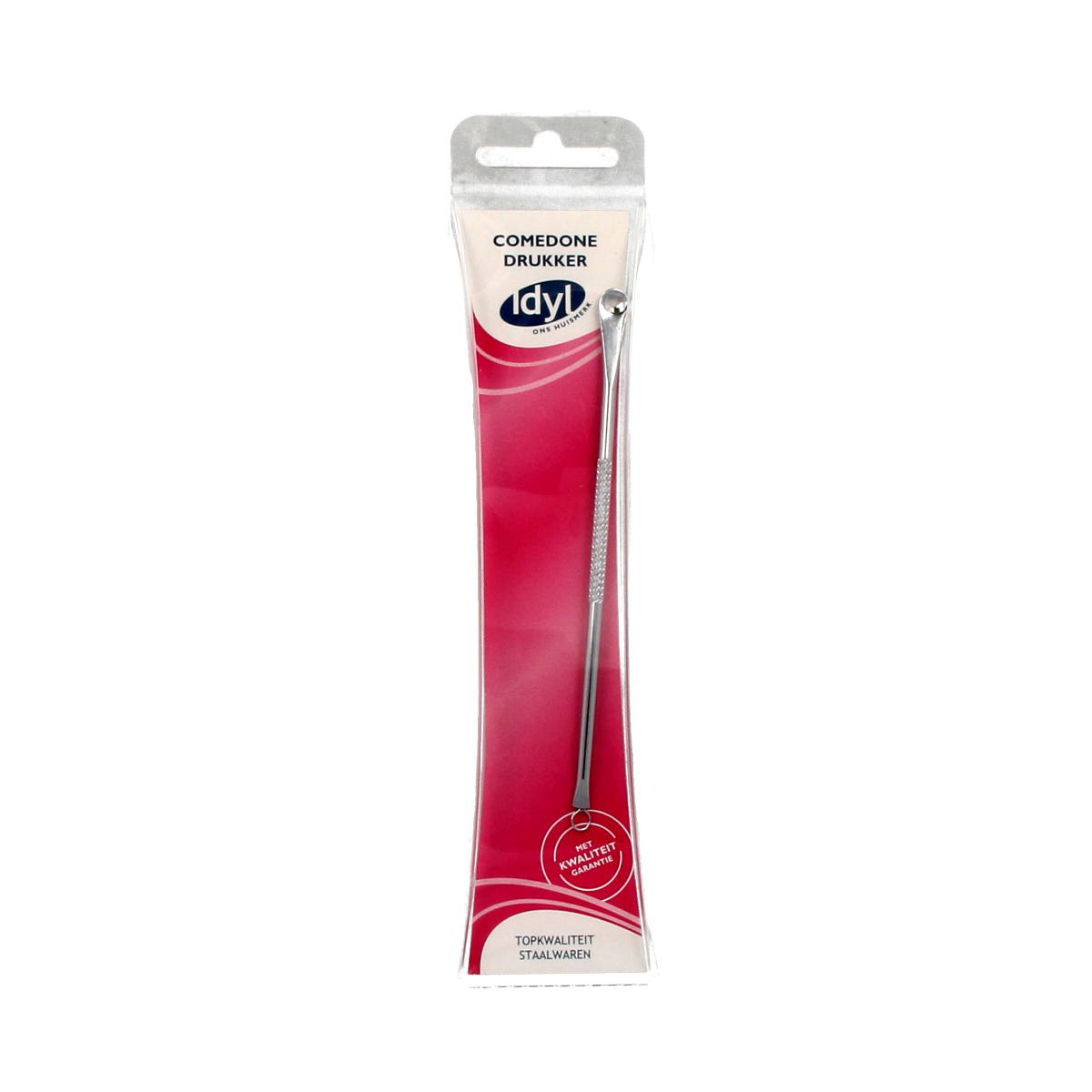 Idyl Comedonedrukker 1.00 in staalwaren, a stainless steel acne extractor tool with a loop for skin pore cleaning.