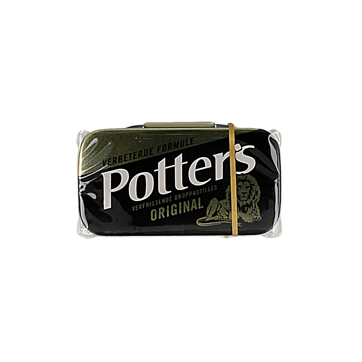 Potters Linia Original Goud snoepgoed, 12.50 gram, with shiny gold packaging and colorful candies inside.