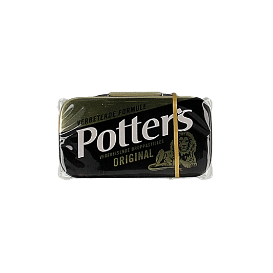Potters Linia Original Goud snoepgoed, 12.50 gram, with shiny gold packaging and colorful candies inside.