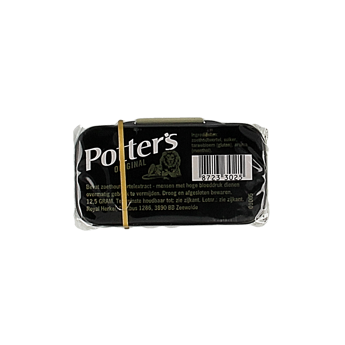 Potters Linia original goud snoepgoed in 12.50 gram package, showcasing shiny gold-colored candies.