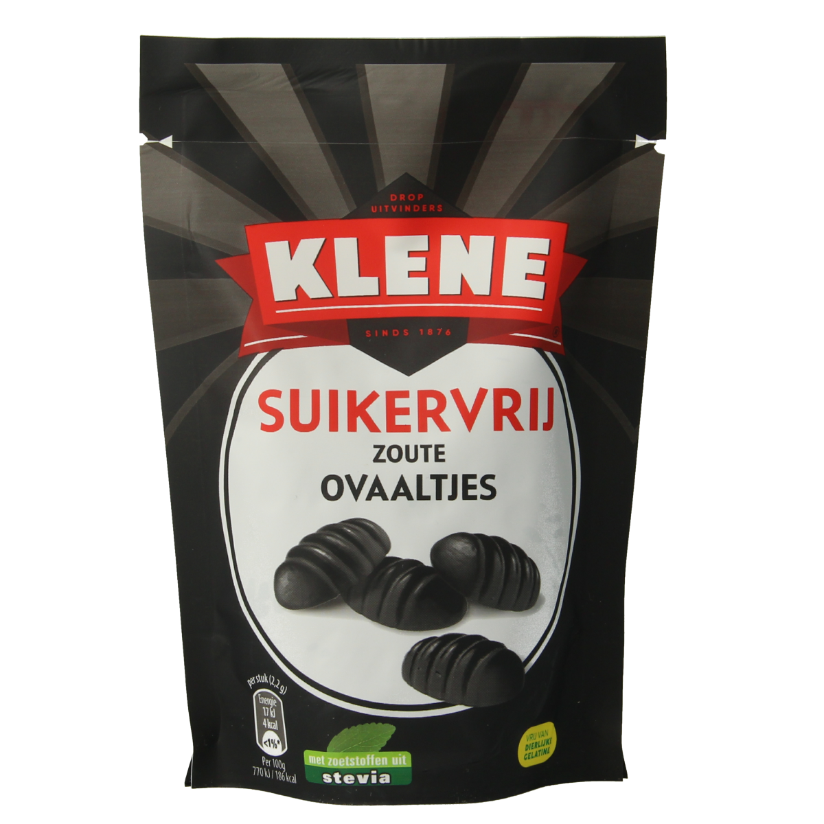 Klene Zoute ovaaltjes snoepgoed, suikervrij, 110g package with salted caramel flavor and oval shape.