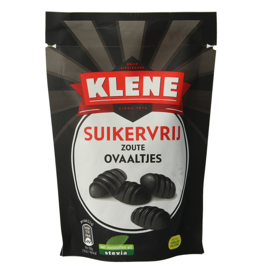 Klene Zoute ovaaltjes snoepgoed, suikervrij, 110g package with salted caramel flavor and oval shape.