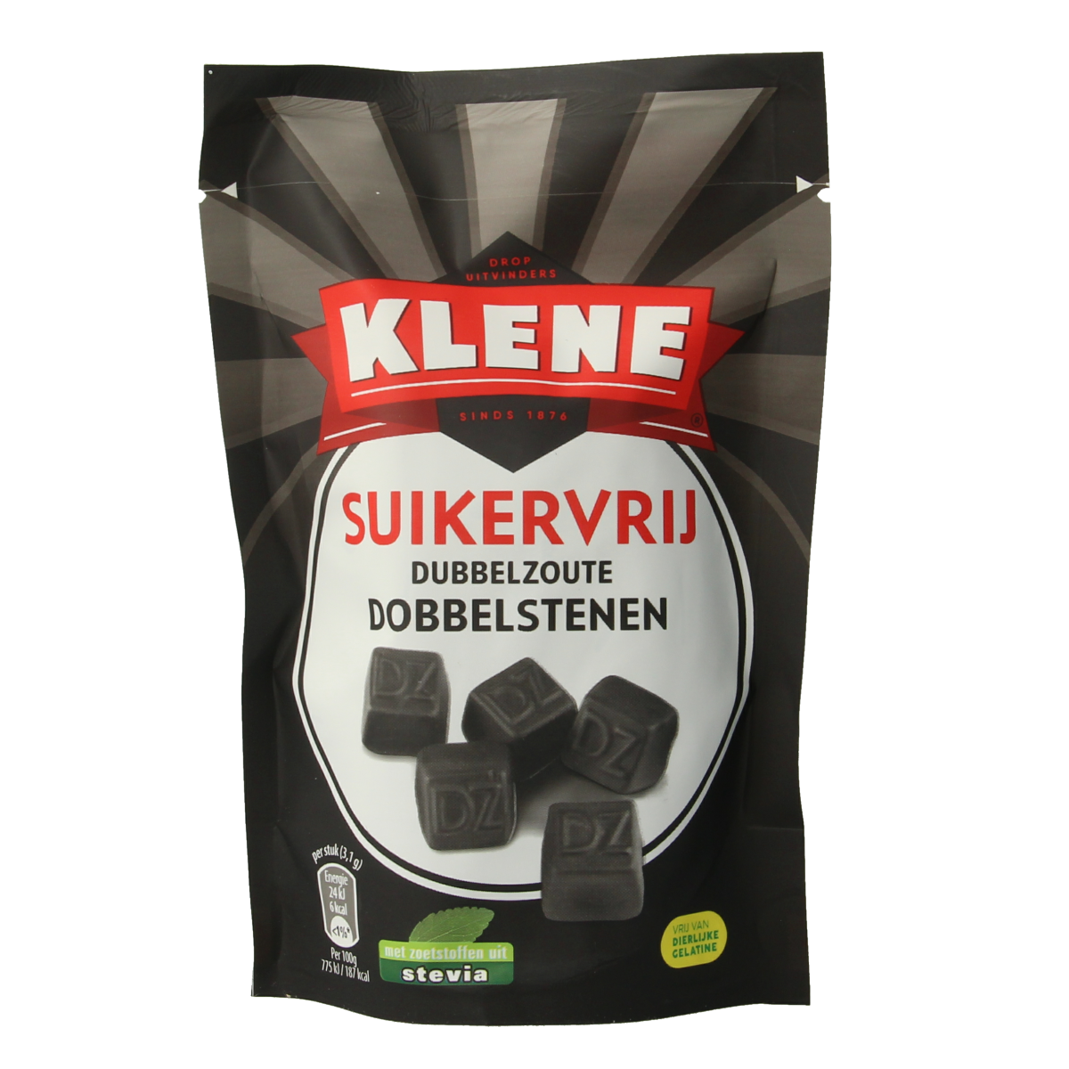 Klene Dubbelzout sugar-free candy in a 110g bag, featuring colorful double salt licorice candies on a white background.